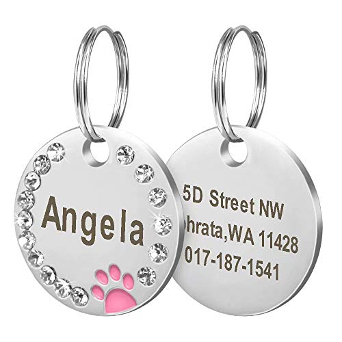 Didog-Etiquetas de identificación para Mascotas,de Acero Inoxidable,Personalizadas,con Cristales Redondos,con diseño de Huellas de Pata,con Grabado láser de Doble Cara,para Perros y Gatitos