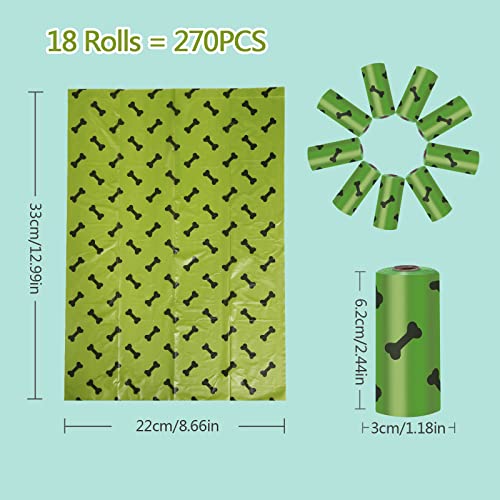 Diealles Shine Bolsas para Caca de Perro, 270 Unidades Bolsas para Excrementos, Bolsas Caca Perro con Dispensador y Clip, Olor, 18 Rollos