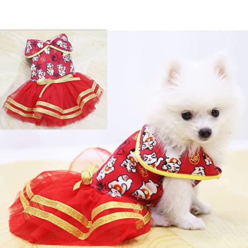Disfraces para perros Disfraces de gato Festival de primavera Vestido de perro estilo chino con botón Traje de Navidad para gatos Teddy Bichon Pequeño Mediano Perros Falda L (busto 45 Largo 35cm)