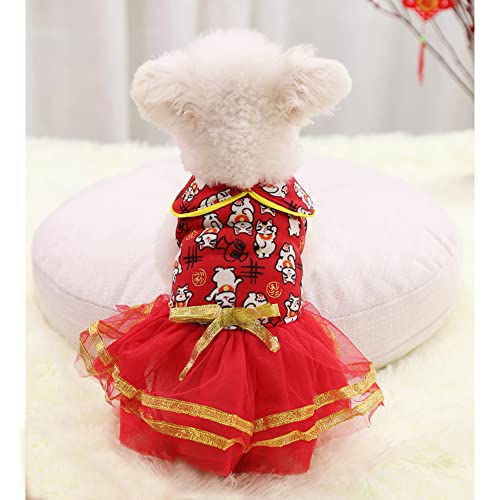 Disfraces para perros Disfraces de gato Festival de primavera Vestido de perro estilo chino con botón Traje de Navidad para gatos Teddy Bichon Pequeño Mediano Perros Falda L (busto 45 Largo 35cm)