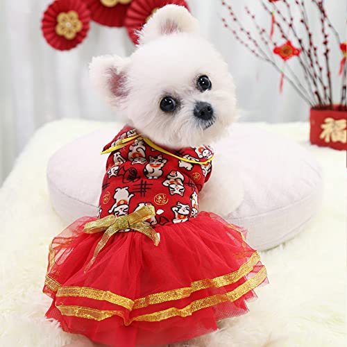 Disfraces para perros Disfraces de gato Festival de primavera Vestido de perro estilo chino con botón Traje de Navidad para gatos Teddy Bichon Pequeño Mediano Perros Falda L (busto 45 Largo 35cm)
