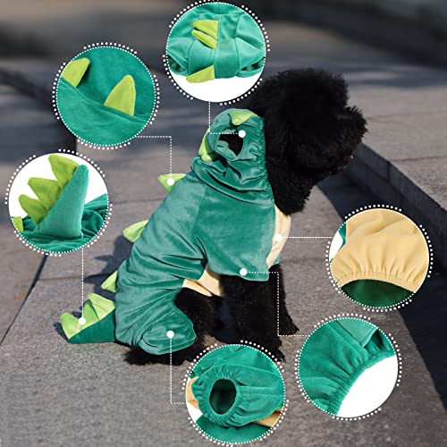 Disfraz de Dinosaurio para Perros pequeños, Disfraz de Cachorro Divertido, cómodo con Capucha de Dinosaurio, Ropa de Invierno cálida y Ligera para Halloween (Verde, L)