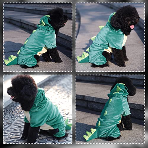 Disfraz de Dinosaurio para Perros pequeños, Disfraz de Cachorro Divertido, cómodo con Capucha de Dinosaurio, Ropa de Invierno cálida y Ligera para Halloween (Verde, L)