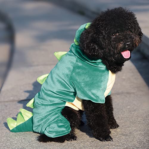 Disfraz de Dinosaurio para Perros pequeños, Disfraz de Cachorro Divertido, cómodo con Capucha de Dinosaurio, Ropa de Invierno cálida y Ligera para Halloween (Verde, L)