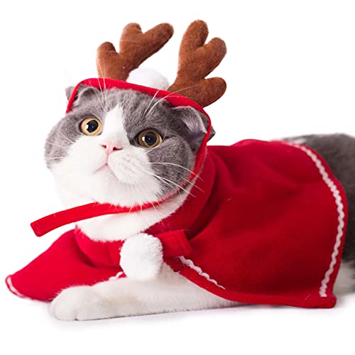 Disfraz De Gato Navidad 2 Piezas de Ropa para Perros y Gatos, Ropa de Navidad para Mascotas, Diademas de Reno y Capa, Lindo Trajes de Navidad para Pequeños Perros Mascotas(Navidad)