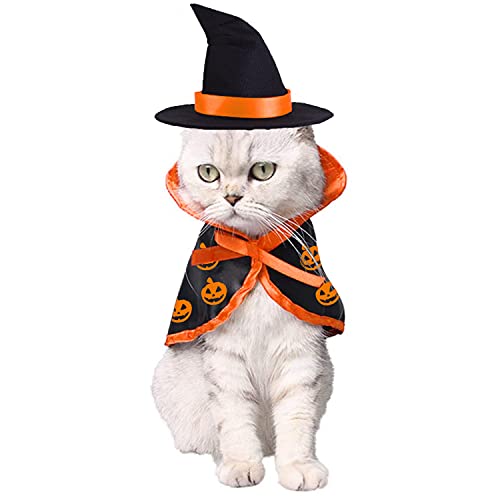 Disfraz de mago de gato de Halloween, disfraz de gato para perros pequeños, ropa de bruja con sombreros para mascotas disfraz para gatito cachorro para cumpleaños, cosplay, fiesta de Halloween