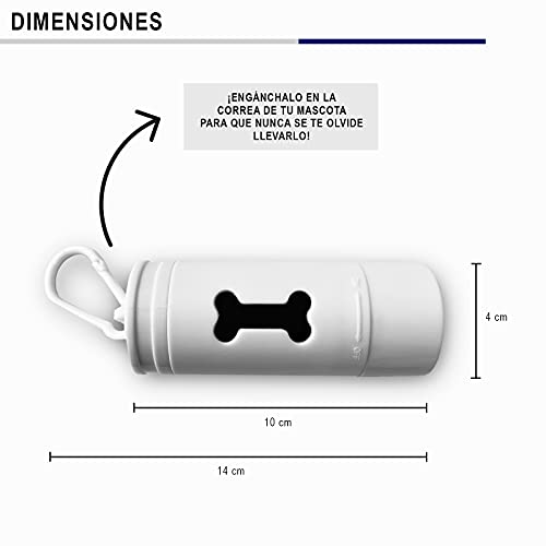 Dispensador bolsas caca perro con luz led incorporada. Incluye 90 bolsas extra para recoger excrementos. Porta bolsas caca perro ideal para pasear por la noche. Accesorios mascotas. (Blanco)
