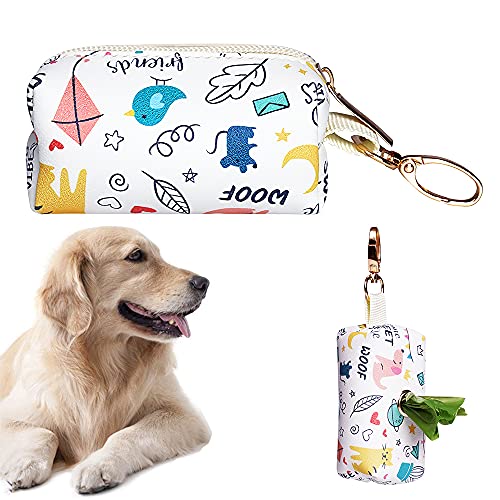 Dispensador de Bolsa de Caca, Soporte para Bolsa de Caca, Dispensador de Bolsas para Excrementos de Perro, PU Cuero Portador de Bolsas de Caca para Animales, Perros, Gatos, Correr, Caminar (Blanco)