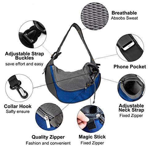 DMSL Mochilas Portaperros Transportin Bandolera de Viaje, Transportin Bandolera Ajustable Mascota Pequeña Bolsa Bandolera Portaperro, Bolsa Delandera para Gatos Pequeño Conejos Cachorros (Azul L)