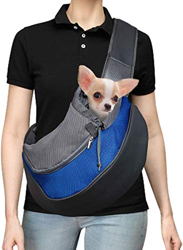 DMSL Mochilas Portaperros Transportin Bandolera de Viaje, Transportin Bandolera Ajustable Mascota Pequeña Bolsa Bandolera Portaperro, Bolsa Delandera para Gatos Pequeño Conejos Cachorros (Azul L)