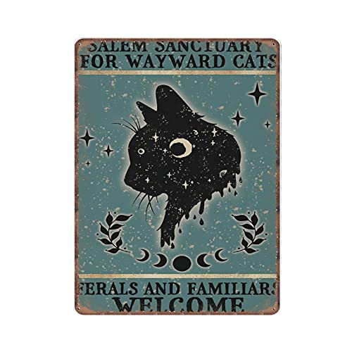 Dreacoss Cartel de metal para gatos góticos, diseño vintage y gótico, con texto en inglés "Salem Sanctuary for Wayward" para gatos, ferales y familiares