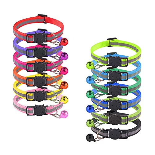 Dtoterul Collar para Gato 12 Piezas Collar Gato Antiahogo Collar de Gato Personalizado Collar Gato Reflectante Collares para Gatos con Cascabeles y Hebilla Seguro de Liberación Rápida