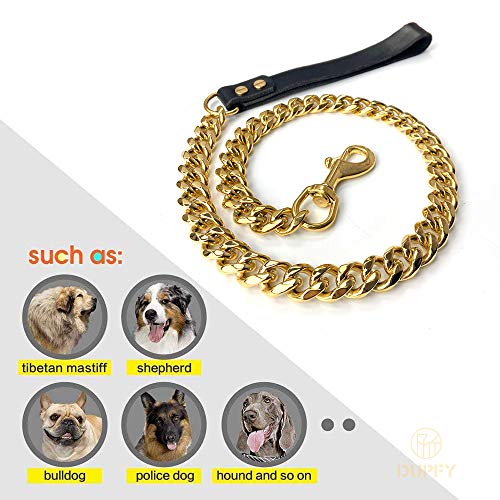DUPFY Correa de Cadena Dorada para Perros Grandes, a Prueba de masticación de Metal, 19 mm, Resistente, Completamente soldada, Cadena de Acero Inoxidable para Mascotas con asa Acolchada de Cuero