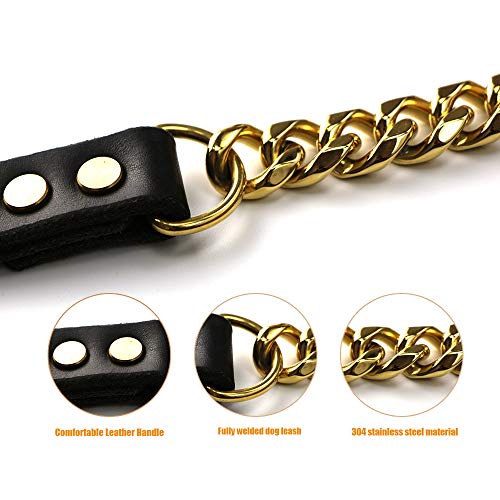 DUPFY Correa de Cadena Dorada para Perros Grandes, a Prueba de masticación de Metal, 19 mm, Resistente, Completamente soldada, Cadena de Acero Inoxidable para Mascotas con asa Acolchada de Cuero