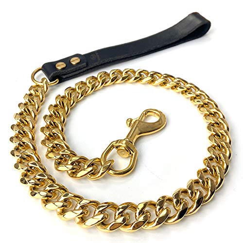 DUPFY Correa de Cadena Dorada para Perros Grandes, a Prueba de masticación de Metal, 19 mm, Resistente, Completamente soldada, Cadena de Acero Inoxidable para Mascotas con asa Acolchada de Cuero