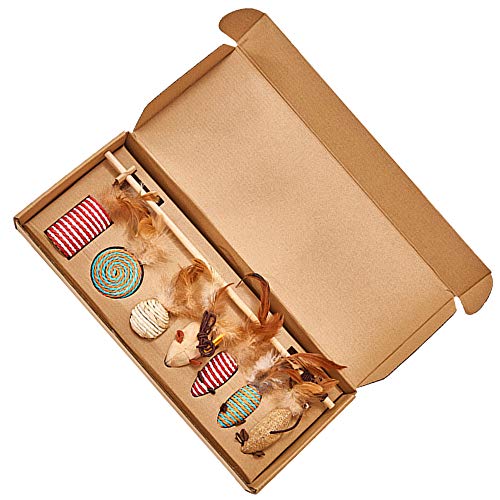 DXIA Juguetes para Gatos, Juguete del Gato, Caja de Regalo del Juguete del Gato, 7 Piezas Juguete Interactivo para Gatos con Plumas para Kitty, 7 Piezas de reemplazable Juego de Regalo