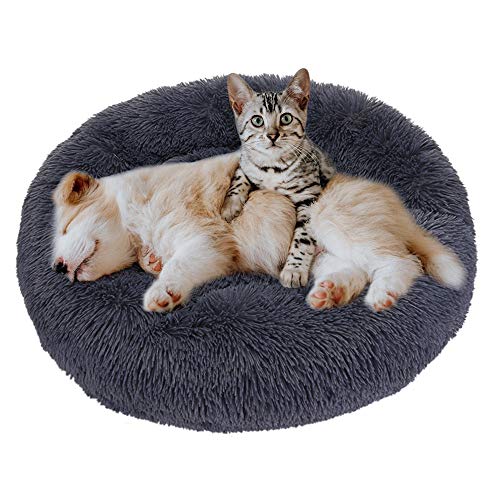 Eastlion Cama Perro Deluxe Felpa Redonda,Plush Cama Calmante Donut Gato Suave Cómoda,Nido Calentito Cojín Lavable para Mascotas Pequeña Gatos y Perros(Gris Oscuro-Diámetro:80 CM)