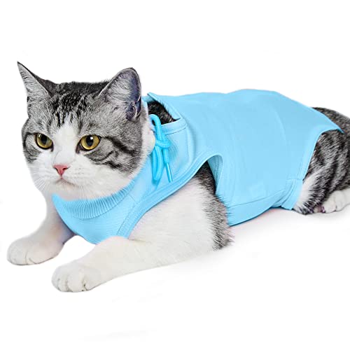 Easy Joy Traje de Recuperación Profesional para Gatos, Anti-Lamido Medical Chaleco con Pasta Magica, E-Collar Alternativa para Gatos, para Gatito Heridas Abdominales o Enfermedades de la Piel(M,Azul)