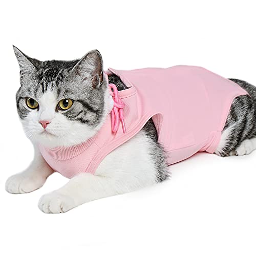 Easy Joy Traje de Recuperación Profesional para Gatos, Anti-Lamido Medical Chaleco con Pasta Magica, E-Collar Alternativa para Gatos, para Gatito Heridas Abdominales o Enfermedades de la Piel(S,Rosa)