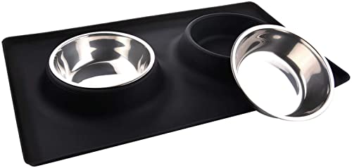 Edipets, Comedero Perro Gato y Mascotas, Bebedero Perro Gatos, Doble Plato Extraíble de Acero Inoxidable, Base de Silicona Antideslizante (Talla L: 818 G, Negro)