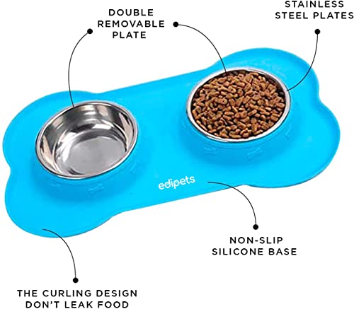 Edipets, Comedero Perro Gato y Mascotas, Bebedero Perro Gatos, Doble Plato Extraíble de Acero Inoxidable, Base de Silicona Antideslizante (Tamaño M - 480 Gr, Azul)