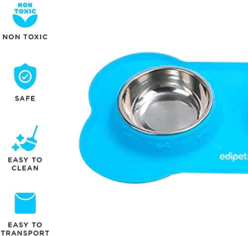 Edipets, Comedero Perro Gato y Mascotas, Bebedero Perro Gatos, Doble Plato Extraíble de Acero Inoxidable, Base de Silicona Antideslizante (Tamaño M - 480 Gr, Azul)