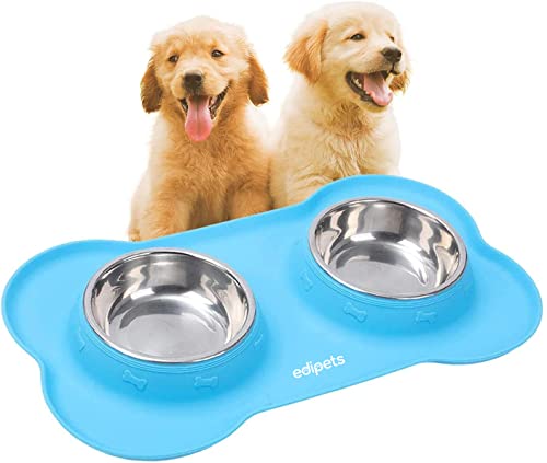Edipets, Comedero Perro Gato y Mascotas, Bebedero Perro Gatos, Doble Plato Extraíble de Acero Inoxidable, Base de Silicona Antideslizante (Tamaño M - 480 Gr, Azul)