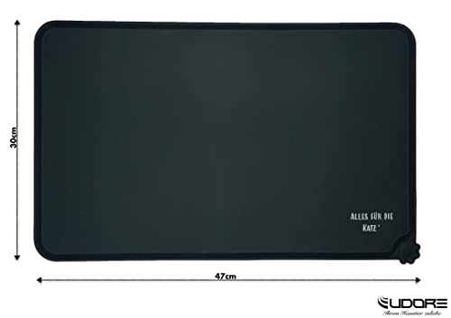 Eudore Salvamanteles antideslizante "Alles für die Katz" de silicona certificada por la FDA, 30 x 47 cm, con borde alto para gatos y mascotas (negro; todo para el gato); tipo de letra 2)