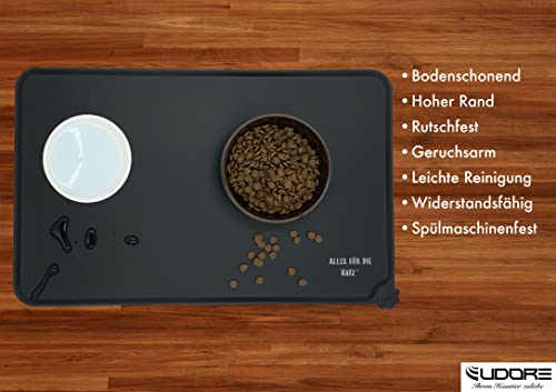Eudore Salvamanteles antideslizante "Alles für die Katz" de silicona certificada por la FDA, 30 x 47 cm, con borde alto para gatos y mascotas (negro; todo para el gato); tipo de letra 2)