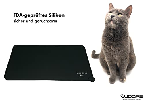 Eudore Salvamanteles antideslizante "Alles für die Katz" de silicona certificada por la FDA, 30 x 47 cm, con borde alto para gatos y mascotas (negro; todo para el gato); tipo de letra 2)
