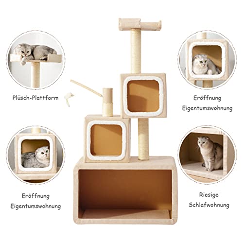 Eysee Gran vivienda para gatos todo en uno, rascador con cuerda de sisal, columna de escalada con cuerda de sisal y dos cámaras de peluche.