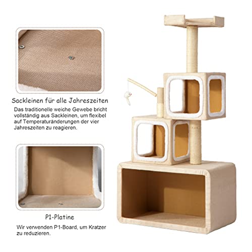 Eysee Gran vivienda para gatos todo en uno, rascador con cuerda de sisal, columna de escalada con cuerda de sisal y dos cámaras de peluche.