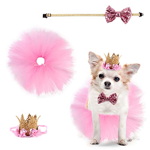 Falda de tutú para Perro,Vestido de Novia Perro con pajarita y sombrero de corona,3 Pieza Vestido de Perro Para Mascotas set para Cachorros Pequeños y Medianos