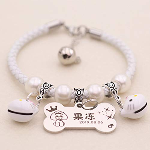 FAPROL Collar De Gato Bells con Placa De Hueso, Collares para Mascotas con Grabado Personalizado, Etiquetas De Acero para Mascotas para Perros/Gatos White XS