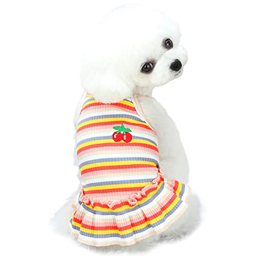 Fascigirl Vestido de perro raya colorido: bordado decorativo cereza moda lindo gato vestido de fiesta cachorro gato ropa traje ropa