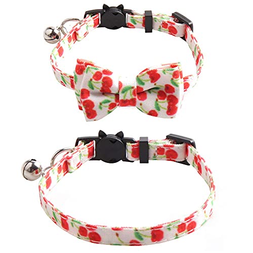 FEimaX Collar del Gato Pequeños Pajaritas Collares Series de Frutas de Verano con Bowknot Desmontable Hebilla de Liberación Rápida Ajustable Suave Confortable Refrescarse Gatitos (Cereza)