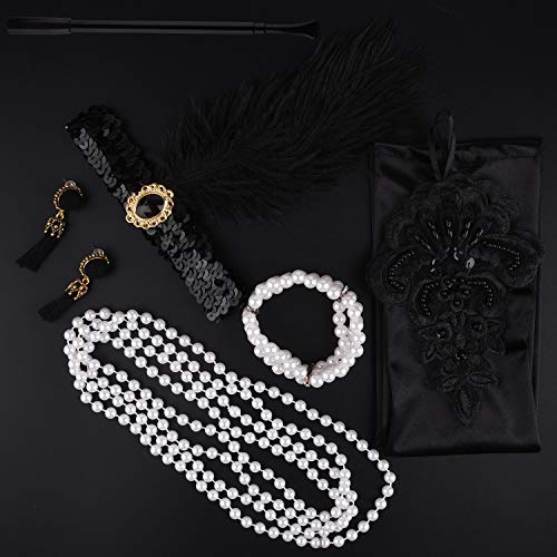FEPITO 8 accesorios Flapper de los años 20 con diseño de gran Gatsby a la moda, juego temático de los años 20 con diadema, diadema, guantes negros largos, collar, pendientes para mujergon（Set D）