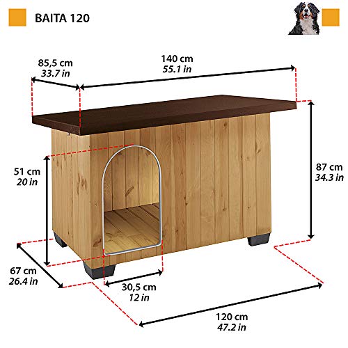 Ferplast Caseta de exterior para perros BAITA 120, Madera ecosostenible, Pies aislantes, Puerta con perfil de aluminio resistente a las mordeduras, Techo abrible, 141 x 86,5 x h 87 cm