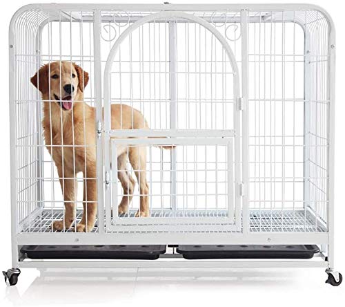F.L.S Jaula Perro Grande Transportin para Perros Jaula Grande Perro, Blanco Heavy Metal Lucha contra el Escape de Doble Puerta for Mascotas Cerca cajón Juego con claraboya y Bandeja y Rueda