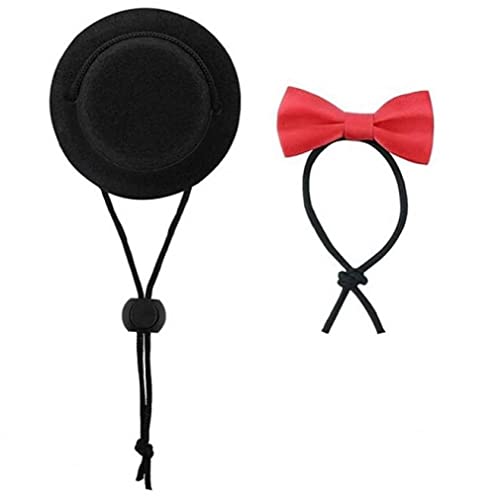Froiny 2 Unids Mini Sombrero De Mascotas Y Bowtie Set Linda Pascua Pequeño Pet Pet Ropa Set Ajustable Pequeño Animales Bowtie Hat para Lagartos De Reptil (Black Hat + Red Bowtie)