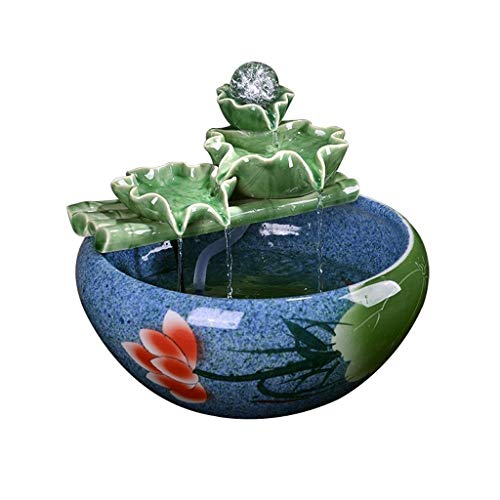 Fuente de Interior Regalo Agua de cerámica Decoración de hojas de loto Escritorio de oficina Fuente interior Sala de estar Cuentas de transferencia Lucky Spray Pequeño tanque de peces Cascada Fuente D