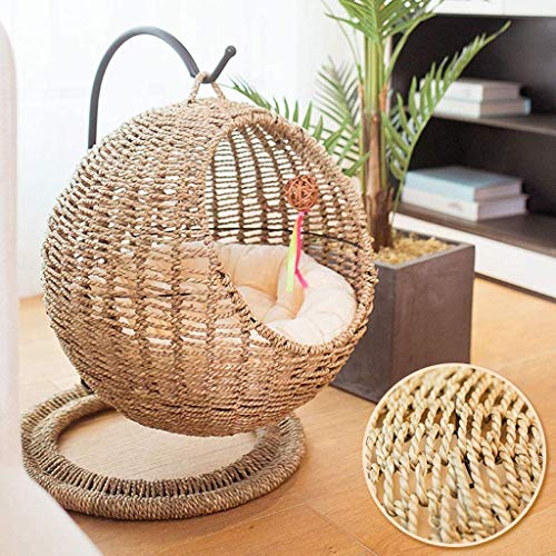 Gato Cama De La Casa Cesta Tejida Elevada Cojín De Cúpula Blanda Cesta, Gato Cama De Mimbre por Los Gatos Interiores, Verano Gato Hamaca del Acoplamiento De Cama, Colchón Lavable 60 * 46Cm,Marrón