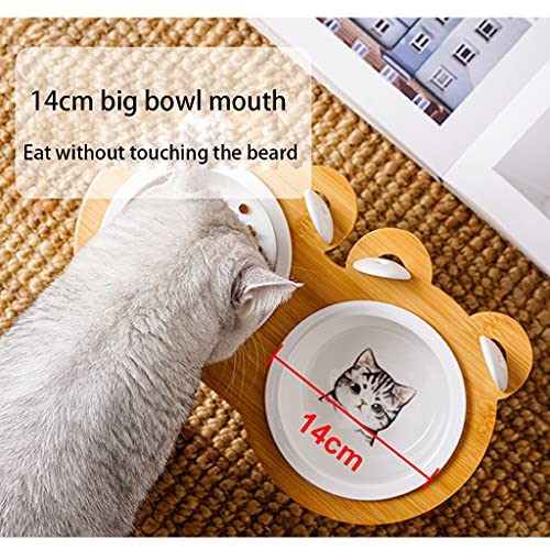 Gatos Platos Cuenco de gatos, anti-volcamiento, doble tazón de cerámica, tazón de comida para gatos, con suministros de gato de marco de bambú, tazón de arroz para perros de mascotas, agua potable par