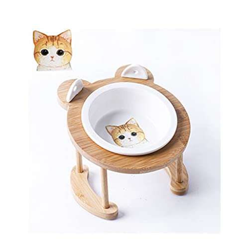 Gatos Platos Cuenco de gatos, anti-volcamiento, doble tazón de cerámica, tazón de comida para gatos, con suministros de gato de marco de bambú, tazón de arroz para perros de mascotas, agua potable par