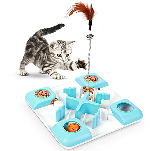 G.C Juguetes para Gatos Interactivos, Comedero Gato Interactivo, Juguetes con Plumas para Perro Pequeño Cachorro Mascota (Azul)