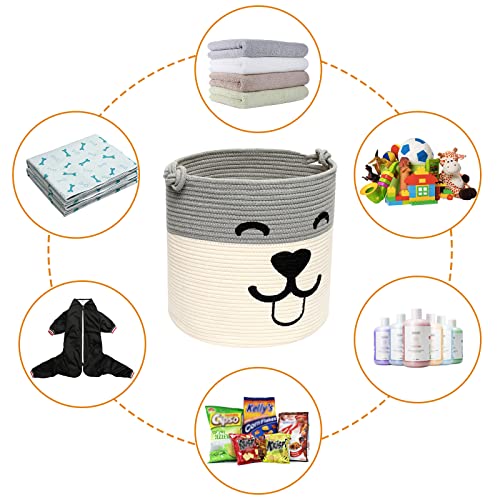 Geyecete-Cuerda de Algodón Cesta de almacenamiento de juguetes para perro,cesta de almacenamiento de juguetes para mascotas, cajas de almacenamiento para la colada-Beige/ Gris