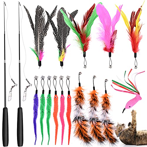 GOLDGE 17 pcs Juguete Pluma de Gato Interactivo, Juguete de Cazador de Gatos Interactivo, Juguetes para Gatos con 2 Piezas de Varillas
