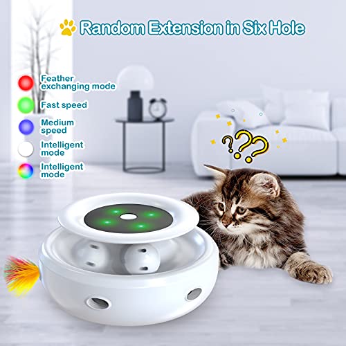 goopow Juguete interactivo para gatos con pistas de bolas, juguete 2 en 1, con 4 plumas intercambiables, soporta luces LED de colores, para gatos/gatitos (color blanco)
