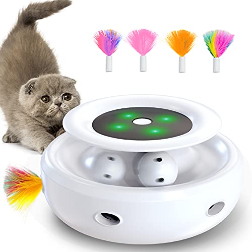 goopow Juguete interactivo para gatos con pistas de bolas, juguete 2 en 1, con 4 plumas intercambiables, soporta luces LED de colores, para gatos/gatitos (color blanco)