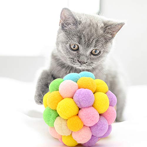 Gqiu Pelotas de Juguete para Gatos Suaves, Bola Hinchable Campana Colorida Hecha Mano Bola arcoíris de Felpa Juguetes interactivos para Mascota Juguetes para Masticar Gatos (Paquete de 3),M